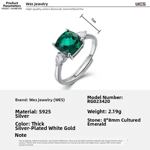 Détails de la bague émeraude taille coussin en argent S925 avec anneau réglable ouvert