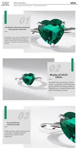 Detail showing heart-cut emerald gemstone with S925 silver prong setting and polished finish