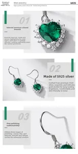 Macro detail of heart-shaped lab emerald earrings in S925 sterling silver with halo stones