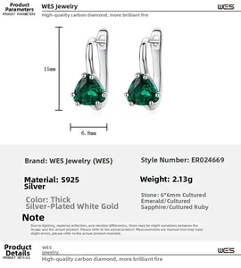Détail de boucle d'oreille en argent S925 avec émeraude de culture forme triangle