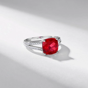 Elegant S925 silver ring featuring a large cushion-cut ruby with accent diamonds