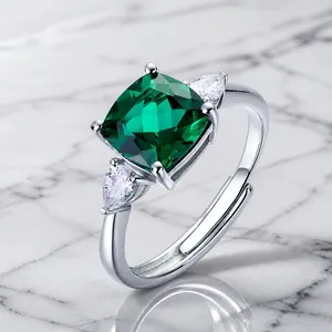 Bague Ouverte en Argent Sterling S925 Avec Émeraude de Laboratoire Pour Femme Pierre Précieuse Verte Carrée Géométrique de Luxe Zirconia Bague Ajustable