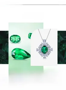 Macro shot of oval emerald green pendant with shimmering white zircon stones and pear accents