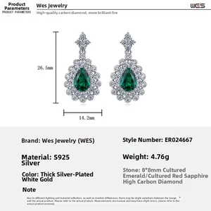 Detailed dimensions of pear-cut lab emerald and S925 silver earrings with measurements