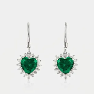S925 Sterling Silver Heart Lab-Grown Emerald Ruby Hook Earrings For Women Vintage Rhinestone Halo Drop Earrings Luxury Jewelry