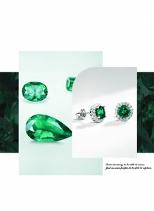 Vue détaillée des boucles d'oreilles émeraude ronde avec un halo de zircons blancs