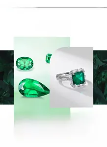 Macro detail of emerald-cut green gemstone ring with white zircon side stones