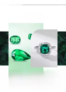 Macro shot of cushion cut emerald ring in S925 silver with sparkling zircon pavé