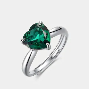 Vintage 925 Sterling Silver Heart Lab-Grown Emerald Adjustable Open Ring For Women Elegant Heart Shaped Gemstone Ring Gift