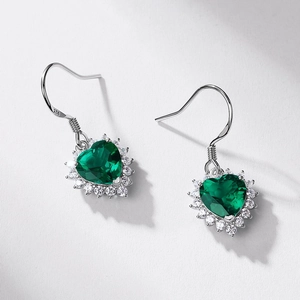 Elegant S925 silver heart emerald halo drop earrings with sparkling gemstone detail