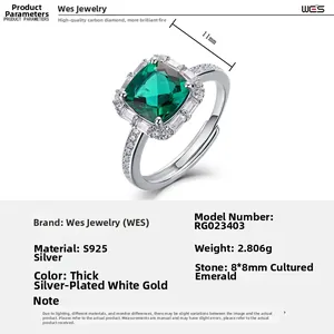 Detailed view showing 8x8mm square cut emerald ring dimensions in S925 silver