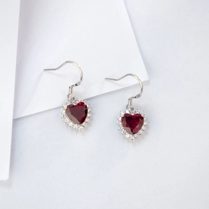 Elegant S925 sterling silver drop earrings with heart-shaped red ruby zircon gemstones