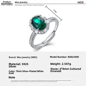 Detalles del anillo de esmeralda cultivada 6x8mm en plata S925 con pavé de circonitas