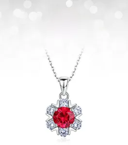 Detailed macro view of S925 silver flower necklace featuring a lab-grown ruby pendant