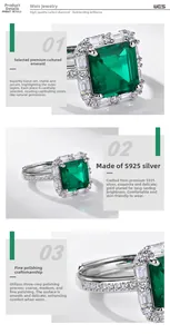 Macro details of emerald cut gemstone with high carbon diamonds on S925 silver band