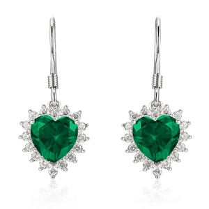 Elegant S925 silver heart-shaped emerald drop earrings with sparkling halo design
