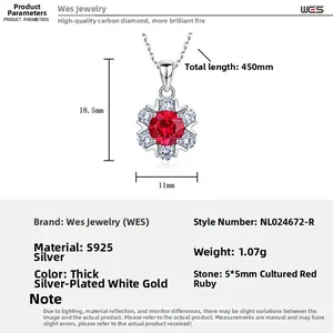 Detailed product parameters of S925 silver flower necklace with a round red gemstone