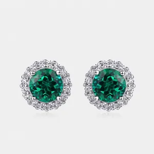 Boucles d'Oreilles Clous en Argent Sterling 925 Émeraude de Laboratoire pour Femmes Rond Halo Pierre Verte Strass Plaqué Platine
