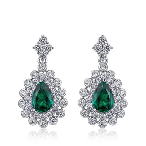 925 Sterling Silver Lab-Grown Emerald Ruby Pear Cut Drop Earrings Luxury Zirconia Pave Vintage Jewelry For Women Gift