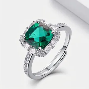 Vintage 925 Sterling Silver Lab-Grown Emerald Halo Ring For Women Square Green Zirconia Open Adjustable Luxury Jewelry Gift
