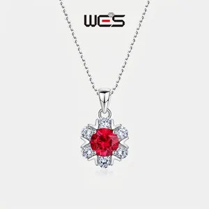 925 Sterling Silver Cultured Ruby Flower Pendant Necklace For Women Elegant Rhinestone Inlaid Clavicle Chain Jewelry Gift