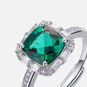 Luxurious S925 silver open ring with halo square emerald-cut green gemstone