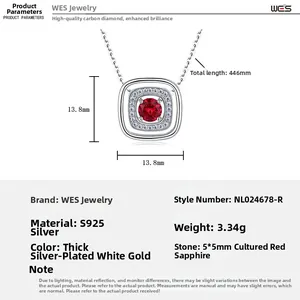 Detailed size and material diagram of the 925 sterling silver square ruby pendant necklace