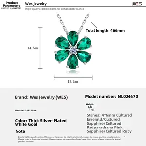 Detail view of 925 silver necklace with 14.5x13.2mm emerald flower pendant dimensions