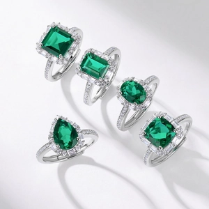 Lujosos anillos de plata S925 con esmeraldas verdes en cinco formas de corte únicas