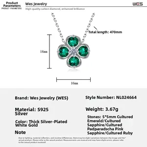 Detailed size chart for S925 silver clover necklace with green emerald gemstones