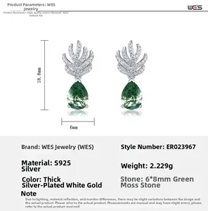 Detailed specs of pear-cut moss agate earrings in S925 silver with palm leaf zircon design