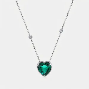 925 Sterling Silver Heart Lab Grown Emerald Pendant Necklace Elegant Rhinestone Inlaid Jewelry For Women Wedding Party Anniversary Gift