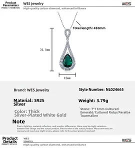 Diagramme détaillé du pendentif émeraude poire avec mesures précises des dimensions