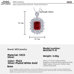Detail view of lab-grown ruby necklace showing S925 silver dimensions and pendant size