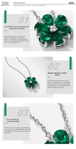Close-up of S925 silver flower necklace with green lab-grown emerald petals and fine gems