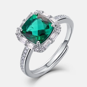 Luxurious adjustable S925 silver emerald ring with halo of square and round diamonds