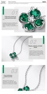 Detailed close-up of S925 silver clover pendant with green lab-grown emerald and zircon