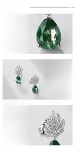 Detail of S925 silver leaf earrings with pear-cut green moss agate and small diamonds