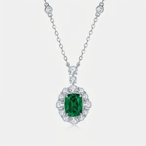925 Sterling Silver Artificial Emerald Pendant Only Without Chain Vintage Rhinestone Halo Pendant For Women Jewelry Gift