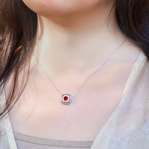 925 silver square pendant necklace with red gemstone and diamonds worn by model