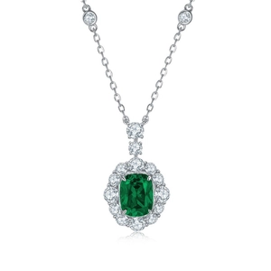Vintage S925 silver necklace with rectangular emerald pendant and halo diamonds