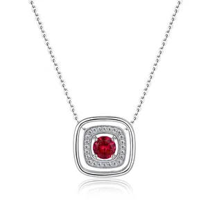 925 Sterling Silver Cultured Ruby Necklace For Women Geometric Square Pendant Necklace Rhinestone Light Luxury Jewelry Gift