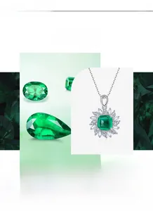 Macro detail of square emerald pendant with sunburst cubic zirconia halo and S925 chain