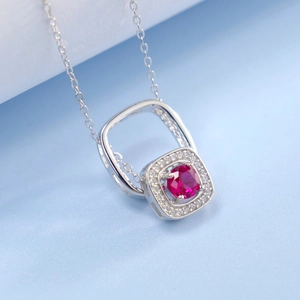 925 silver necklace with square lapis pendant featuring a central red stone and crystals