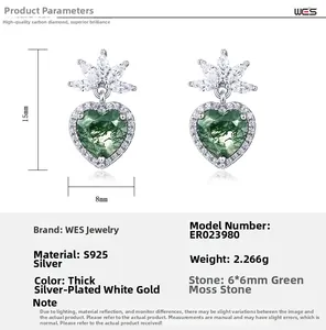 Vue détaillée des boucles d'oreilles en agate mousse cœur et argent S925 avec dimensions