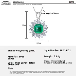 Detailed size specifications for S925 silver emerald necklace with pendant dimensions