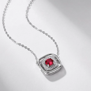 925 silver necklace featuring a square pendant with a red stone and diamond halo