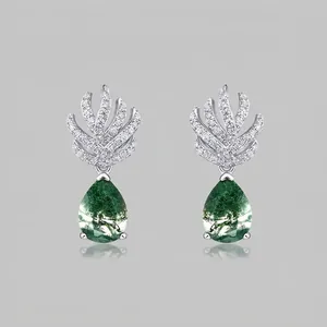 Natural Green Moss Agate Teardrop Stud Earrings 925 Sterling Silver Post Inlaid Zirconia Elegant Vintage Jewelry For Women