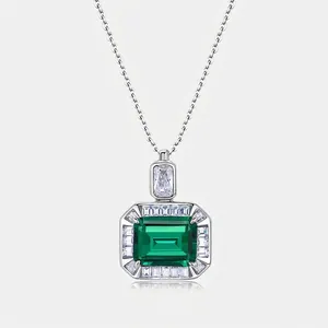 Collier Pendentif Émeraude de Laboratoire en Argent Sterling 925 Bijoux Géométriques Coupe Carrée Strass Femme Mariage