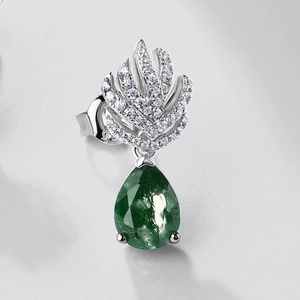 Elegant S925 silver stud earrings with pear-cut green agate and sparkling leaf zircon